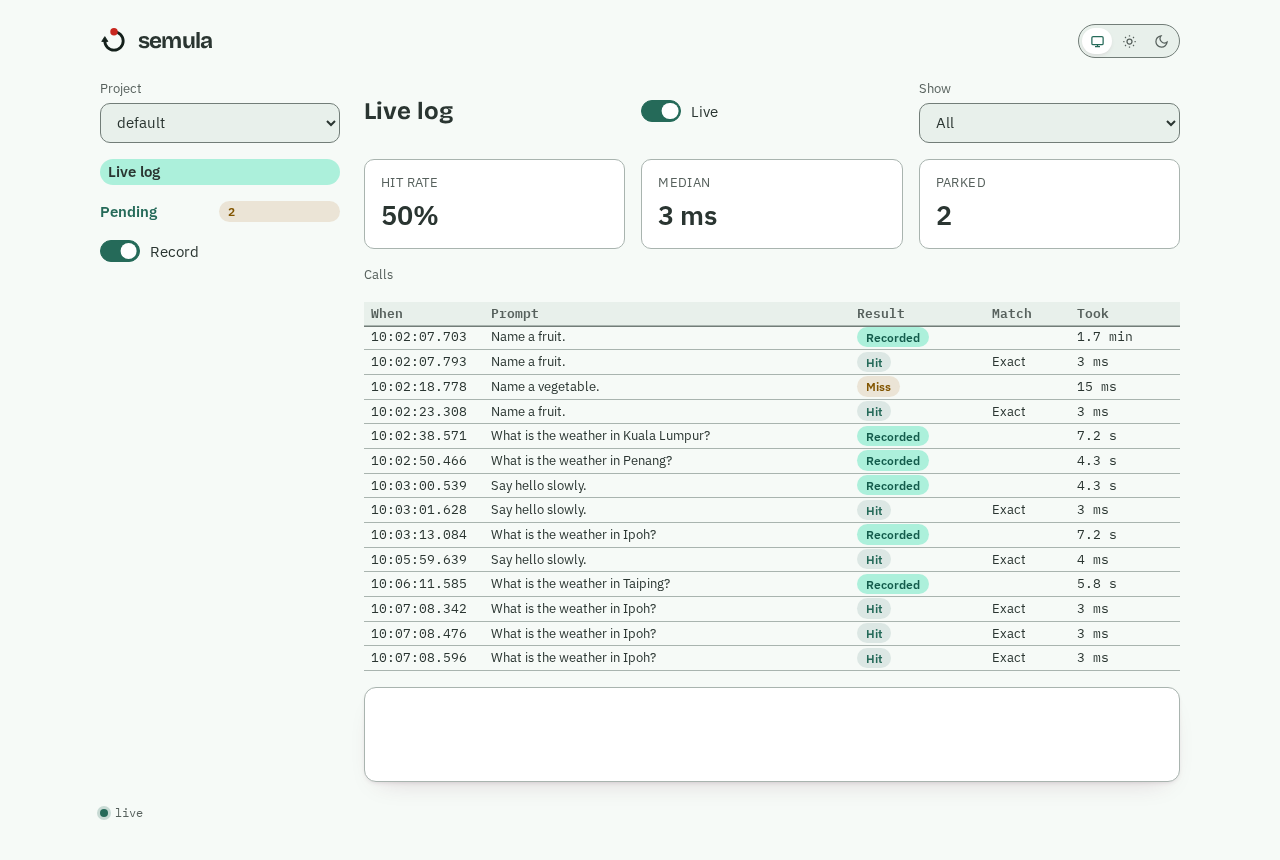 The live log: hit rate, median latency, parked calls and a table of calls